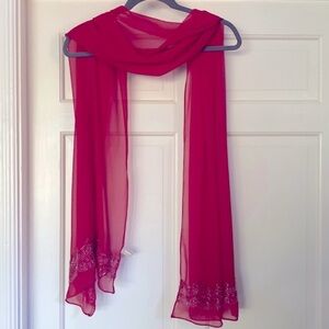 Red Chiffon Scarf Hand Sewn Beading Iridescent Scalloped Formal Scarf Sa